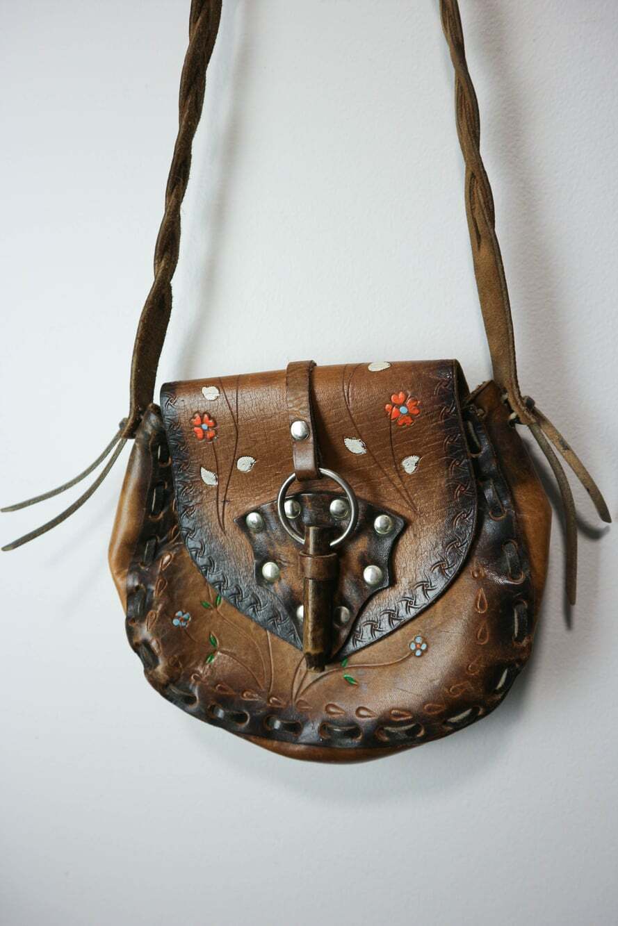 1970s Vintage Hand Tooled Brown Leather Boho Crossbody Bag Floral Painted